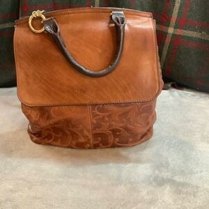 Tignanello Leather Convertible Backpack Handbag Brown Floral Embossed Tote Bag